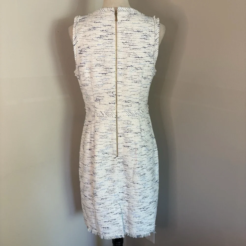 Kate Spade New York Tweed V-Neck Sheath Dress White Navy Fringe Boucle Size 8